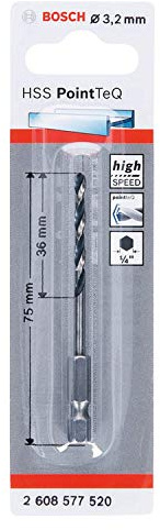 Bosch Professional PointTeQ borr (för metall, Ø: 3,2 mm, arbetslängd: 36 mm, totallängd: 75 mm, ¼-sexkantsskaft, tillbehör för slagskruvdragare och skruvdragare)