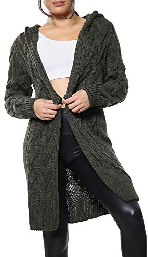 Crazy Girls New Womens Chunky Cable Knitted Oversized Longline Hooded Cape Cardigan Ladies Baggy Pocket Long Jumpers Coatigan (Charcoal, Numeric_12)