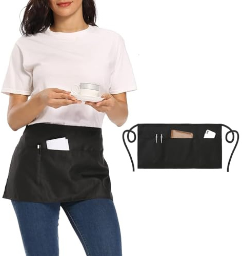 Schürze Schwarz Kurz, Kellnerschürze für Gastronomie, Berufsschürze mit 3 Brusttaschen für Servicekräfte, Kellner, Barista, Köche