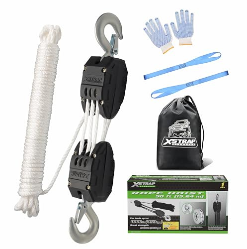 XSTRAP STANDARD Heavy-Duty 2,000LB 50 Feet Rope Hoist Pulley 1 Ton Wheel Block and Tackle System 5:1 Ratio Lifting Power with 2PK 18 Inch Soft Loops 50FT White