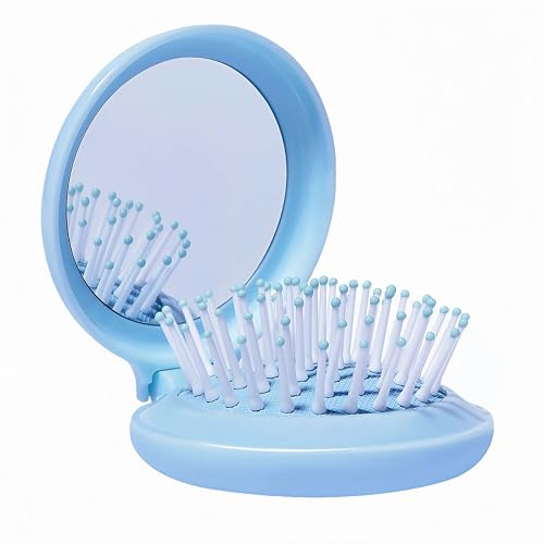 Arthaxi Travel Hairbrush and Mirror Set for Women, Folding Brush with Compact Mirror for Purse or Backpack, Cute Baby Blue Gift