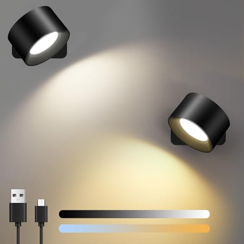 Birnetek® LED Wandleuchte Innen 2 Stück,Wandlampe Ohne Stromanschluss,3 Helligkeitsstufen 3 Farbmodi Akku Wandlichter,360° Drehbare Touch Control Leuchten für Wohnzimmer Treppen Schlafzimmer (Schwarz)