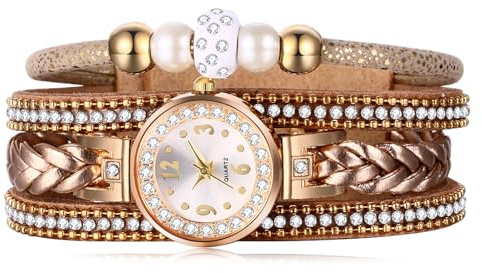JewelryWe Armbanduhr Damen Böhmisch Retro Strass Glitzer Analog Quarz Beiläufige Uhr Damenuhr mit Geflochten Leder Armband Wickelarmband und Kleeblatt Schlüssel Anhänger