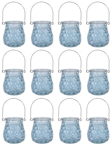 YöL Pack of 12 Embossed Glass Hanging Tea Light Candle Holders Summer Garden Table Decor Votive Jars