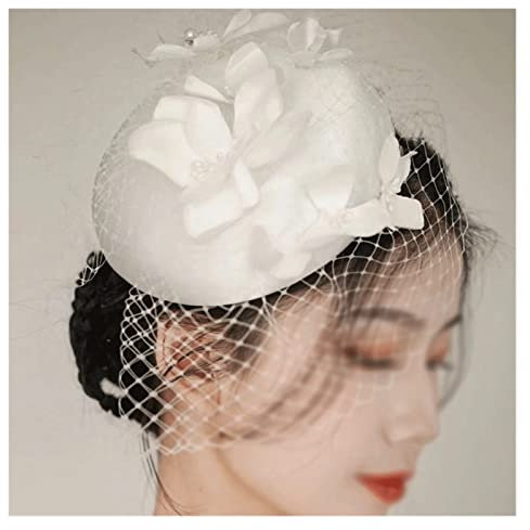 SUNMME Satinhut mit Schleier, weißes Hochzeitskleid, Blumenspitze, Damenhut, Hochzeit, Haarschmuck, Blumen (D 1)