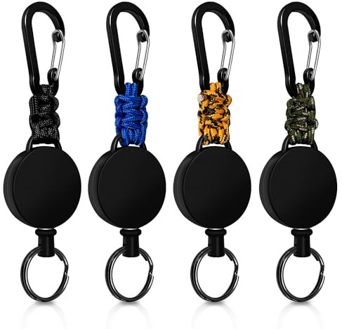 Schlüsselanhänger Ausziehbar, 4 Stücke Schlüsselband Ausziehbar, Einziehbarer Schlüsselanhänger Ausweis Jojo mit 60cm Stahldrahtseil (Schwarz + Armeegrün + Blau + Orange-Schwarz)