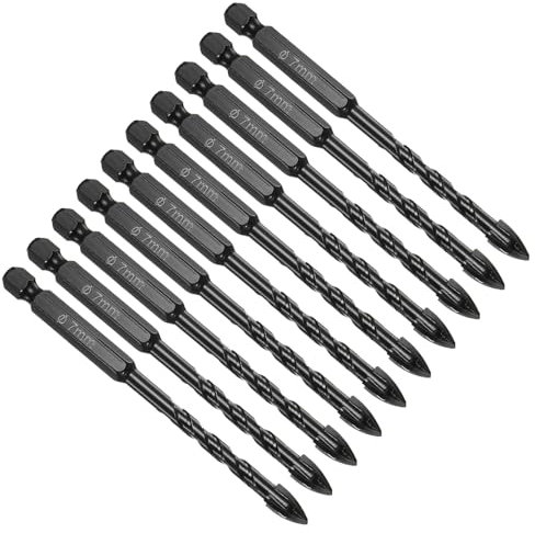 CoCud Masonry Drill Bit, 7mm Cutting Dia 100mm Length 1/4 Hex Shank Carbide Cross Tip Concrete Drill Bit Set Black - (Applications: for Wood Glass Brick Cement), 10-Pieces