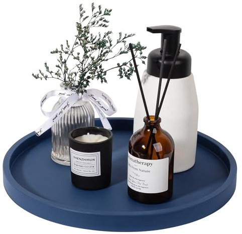 Silicone Bathroom Tray Round Vanity Tray Decorative Soap Holder Kitchen Countertop Organizer Coffee Table Decor for Candle, Perfume, Plant, 11 Inch, Dark Blue