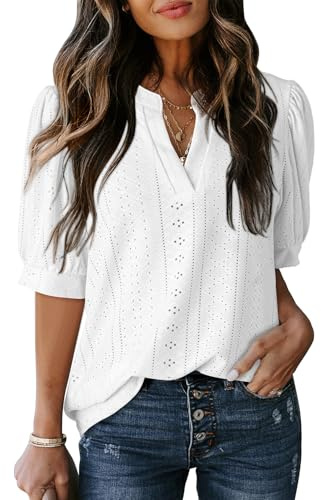 Dokotoo Blouses for Women Dressy Casual V Neck Short Sleeve Shirts for Women Eyelet Lace Top Elegant Business Casual Outfits Summer Tops Ladies Tops Blouses Women's Clothing White Top M