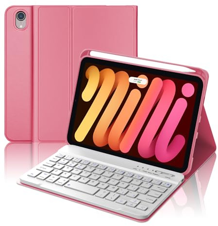 BORIYUAN Funda con teclado para iPad mini de 7ª generación 2024 (A17 Pro) y iPad mini 6 2021, teclado Bluetooth inalámbrico desmontable, funda inteligente delgada con soporte para lápices para iPad