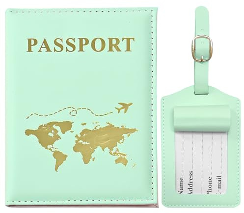GIKPAX Reisepasshülle, Gepäckanhänger, Reisepasshülle aus PU-Leder, Reisebrieftasche für Reisepass, Ticketkarte, Bordkarten, Kreditkarte, Visitenkarten (Grün)