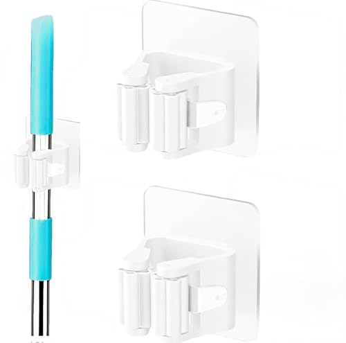 STOUUMOW 2 pcs Mop and Broom Holder self adhesive - Wall-Mounted Mop, broom holder wall mounted, Broom Grab Holder for Bathroom, Kitchen, Office, Closet, Garden
