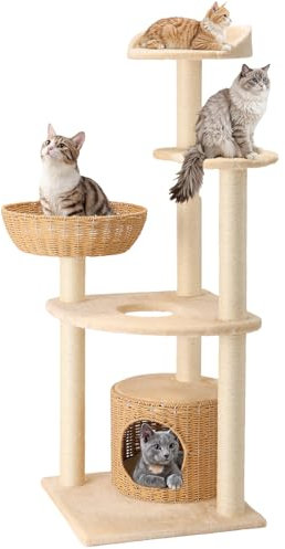 BUMUBI Modern Rattan Cat Tree House Condo Tall Heavy Duty Cat Climbing Tower with Scratching Post,Basket,Bed,and Stand for Indoor Large Adult Cat