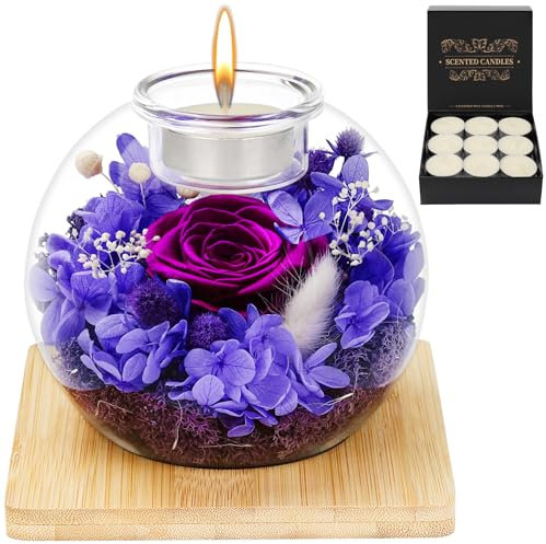 MestectPET Rosa eterna en Vidrio, Set de Rosa Preservada y Velas Perfumadas, Cumpleaños Día de la Madre San Valentín Aniversario Navidad para Mamá Novia Esposa y Mujer (Morado)