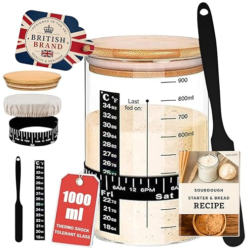 [Verre de qualité supérieure] Kit de démarrage au levain – Grand pot de 1 L à large ouverture, recette, spatule, thermomètre, bande d'alimentation avec date marquée, couvercle en tissu – Outils de