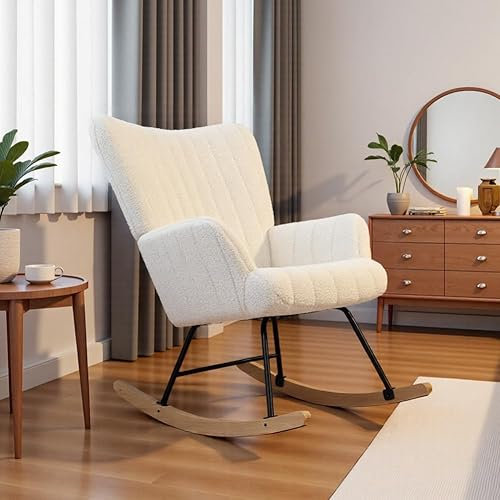 DARDVORLAG Schaukelstuhl mit weichem Lammfellimitat Beiger Relaxstuhl im Skandi-Stil, gepolstert & ergonomisch, ideal fürs Wohnzimmer, Schlafzimmer