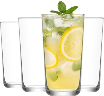 LAV Premium Long Drink Glasses, Lead-Free Highball Glass Set, Pack of 4, Dishwasher Safe, for Water, Juice, Cocktails, Tom Collins, Lemonade, Soda, Iced Tea, Mocktails 16 1/2 oz