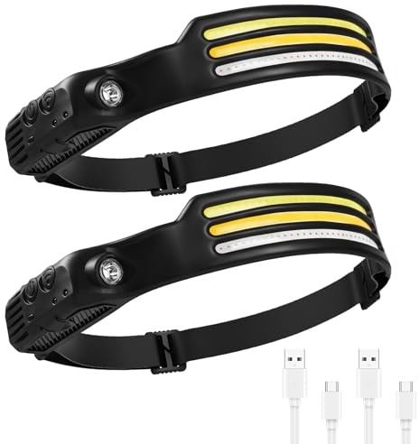 2PCS Stirnlampe LED Wiederaufladbar USB Superheller Head Torch Super Bright 350 Lumen Head Torch 230° COB Sensor Headlamp 5 Light Modes Lightweight IPX4 Waterproof Headlight [Energy Class A+++]