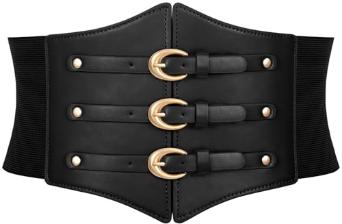 JKEEMI Women Corset Belt Wide Stretchy Waspie Elastic Waist Belt with Gold Buckle for Daily Cosplay Halloween Costume
