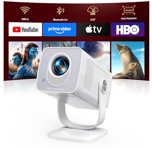 Mini-Projector with WiFi6 and Two-Way Bluetooth5.4, 1080P 4K Support, [Built-in Apps & 2026 Android 14] Portable Outdoor Movie Proyector for Bedroom, Auto Keystone & 270° Rotation for Phone/HDMI/USB
