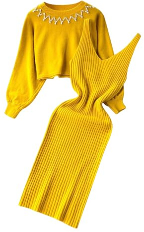 Generisch Women's Knitted Dress Two Piece Suit Pullover Top Dress Bodycon 2 Piece Set Pullover Midi Dress Knitted Dress Set Maternity Dungarees, yellow, One Size