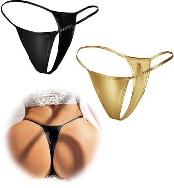 comeondear Dam Stringtrosa PU Läder 2 Stycken Stringtrosa Låg Midja Bikini T-Back Trosor Plus Size Micro Stringtrosor Mini-String Underkläder Brasilianska Underkläder, 2-svart + guld, XL