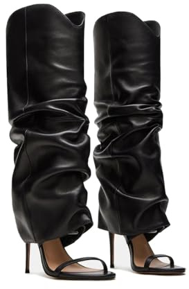MAIJED Slouchy Knee High Boots for Women Open Toe High Heel Sandals Boots Pull On Long Fashion Stiletto Heeled Boots Black Size US7.5