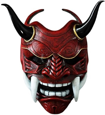 Jorzer Masque Oni effrayant masque complet en latex japonais Hannya avec et corne de bœuf 11 x 9, 5 masques de diable d'horreur pour Halloween mascarade accessoires cosplay rouge