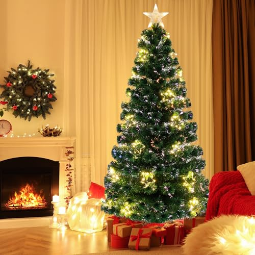 SPOTRAVEL 6FT Pre-lit Christmas Tree, Fiber Optic Artificial Xmas Tree | with 36 Warm-White DIY Light Strings, Top Star, 230 Branch Tips, Seasonal Holiday Decoration Tree for Home Party Office