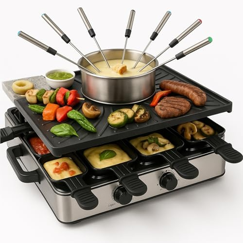 8 Person Set Raclette - With Grill Plate & Fondue Pot Function - Table Grill Including Pan & Scraper (Fondue Set)