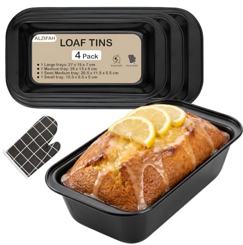 ALZIFAH 4 x Loaf Tin - Non-Stick Rectangular Carbon Steel Bread Pan for Bread Cakes, Loaves and Sourdough Baking - 2lb Nonstick Loaf Pan with 1 Glove - 27x15 cm Banana Bread Pan Tray