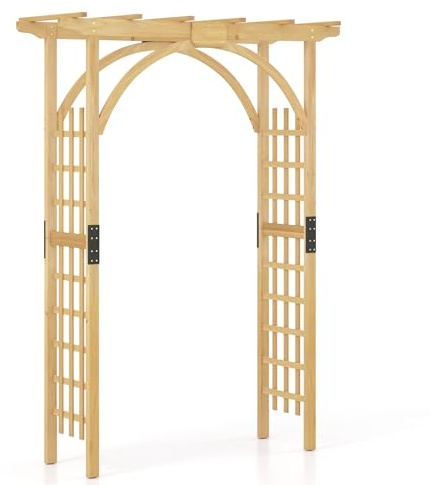 GYMAX Rosenbogen Holz, Gartenbogen mit Dach für Blumen, Kletterpflanzen & Reben, Rankhilfe Rankgitter Rankbogen für Garten, Hochzeit, Party, Tannenholz, 160 x 60 x 213 cm