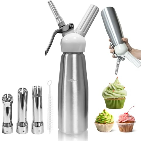 HYZYWON Sahnespender, Sahnesyphon, Sahnespender Edelstahl 500ml, Espuma Flasche, für Sahne, Schlagsahne, Mousses, Desserts, Inklusive 3 Düsen + 1 Reinigungsbürste (A)
