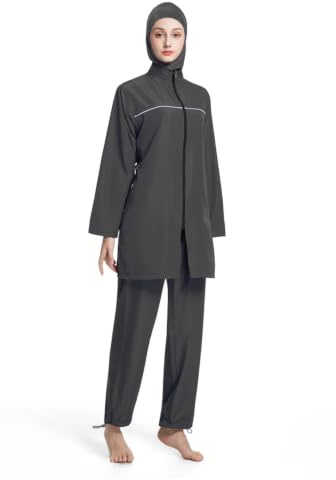 3-delad Burkini muslimska baddräkter för kvinnor, full täckning, långärmad och byxor och hijab med främre dragkedja, blygsamma badkläder, M, Svart, L/XL