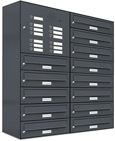 AL Briefkastensysteme 13er Briefkastenanlage mit Klingel Anthrazit Grau RAL 7016, Premium Briefkasten DIN A4, 13 Fach Postkasten modern Aufputz