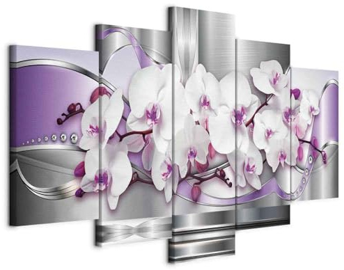 B&D XXL - Leinwandbild Blumen Orchidee Perlen, 225x112 cm, 5-teilig, modern | Hochwertige Leinwand, sofort aufhängbar, ideal fürs Wohn- oder Schlafzimmer, wasserfest und lichtecht, langlebig, stilvoll