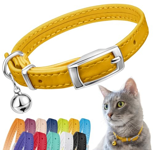 CollarDirect Collare per gatti in pelle, collare di sicurezza per gatti con cinturino elastico, collare per gattino per gatto con campana Nero Blu Rosso Arancione Verde lime (Neck Fit 9-11, Yellow)