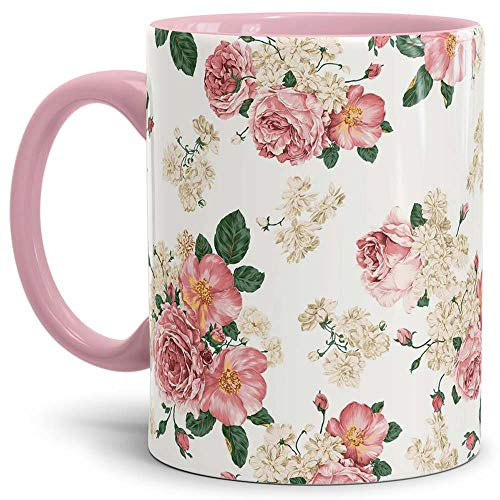 Tassendruck Blumenmustertasse mit Rosen Innen und Henkel Rosa - Kaffeetasse/Mug/Cup - Qualität Made in Germany