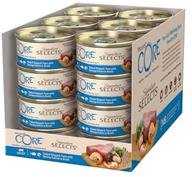 Wellness CORE Signature Selects 24 x 79g, Thon/Crevettes – Emincés pour Chats Adultes, sans Céréales, Naturelles, Hypoallergénique, Riche en protéines, À Haute Teneur en Poisson,