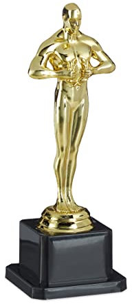 Relaxdays Siegerfigur, quadratischer Sockel, Figur mit Kranz, Siegertrophäe, Hollywood, 18,5 cm groß, gold