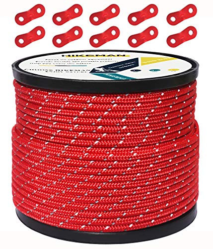 50M reflektierende Schnur Guy Seile Outdoor Zelt Führungsseil 100% Nylon Schnur Windlinie mit 10 Stück Aluminiumlegierung Spanner für Camping (red, Diameter 4 mm)