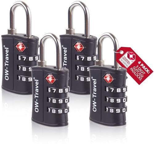 OW-Travel TSA Kofferschloss für Flugreisen (4 Schwarz) ABS-Kunststoff 3 Stellig KofferSchloss Zahlenschloss Gepäckschloss Diebstahl Lock TSA Koffer Schloss Zahlencode für Reisekoffer Rucksack Spind