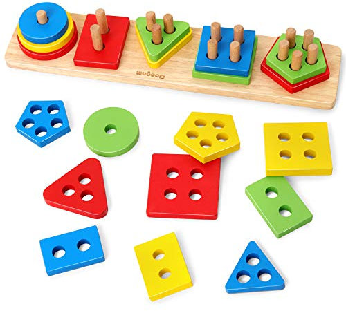 Coogam Holz Sortier- und Stapelspielzeug, Form Farberkennungsblöcke Passender Puzzle-Stapler, Montessori Early Educational Block Puzzles für jahrelange Jungen und Mädchen