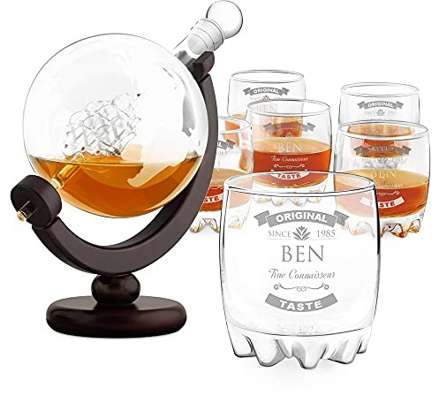 Maverton Globe Decanter with 6 Etched Glasses - Customized Whiskey Present - Decorative Bourbon Carafe with Ship Inside - Birthday Gift for Man - Engraved Whiskey Gift - Drink