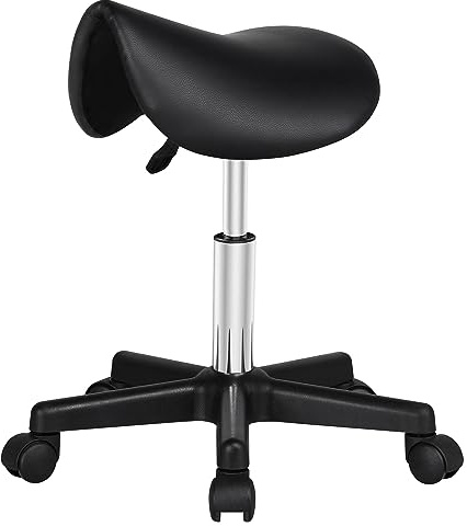 Yaheetech Taburete con Ruedas Taburete Regulable con Respaldo Silla Alta Giratorio para Peluquería Tocador Maquillaje Bar Negro