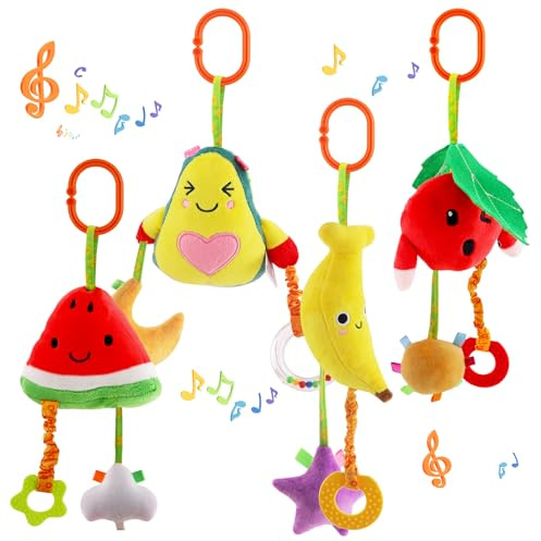 KAKIBLIN Juguetes de sonajero colgantes para bebés, 4 unidades de juguetes para silla de coche, juguetes suaves y chirriantes para bebés recién nacidos en coche, actividades de viaje, frutas