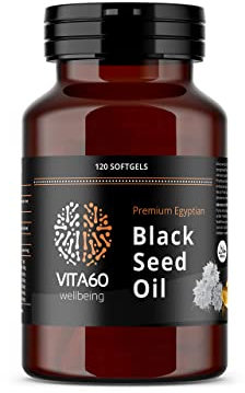 VITA60 Black Seed Oil Capsule - 120 High Strength 500mg Softgel Capsules | Cold Pressed | Nigella Sativa