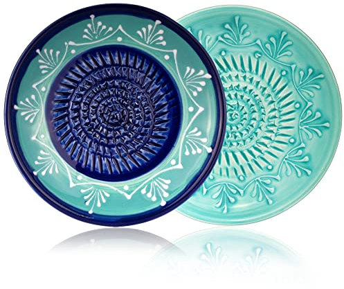 GLORIFY HOME Reibe Teller Keramikreibe Doppelpack Teruel für Knoblauch Ingwer Apfel Parmesan Schokolade Rohkost und mehr, mit Reibeteller in 2 Designs