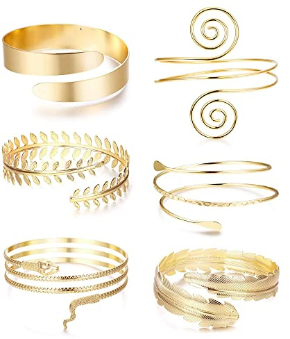 Diamday 6 Piezas Brazalete Dorado Brazalete de Brazo Superior para Mujer Brazalete Abierto Brazalete de Hoja Conjunto de Joyería Ajustable