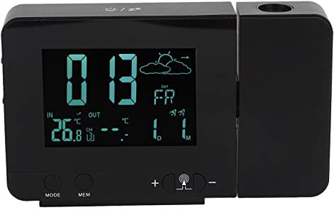 Projektionswecker mit Wetterstation, 8 Farbdisplays mit Hintergrundbeleuchtung, Temperatur- und Luftfeuchtigkeitsmonitor, Wettervorhersage, Schlafzimmeruhr für Schwere Schläfer, Kinder(EU-Stecker)